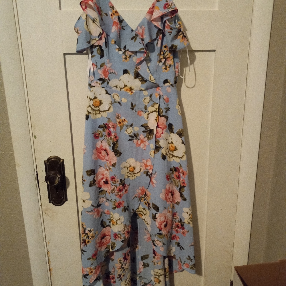 Baby blue floral off shoulder wrap dress